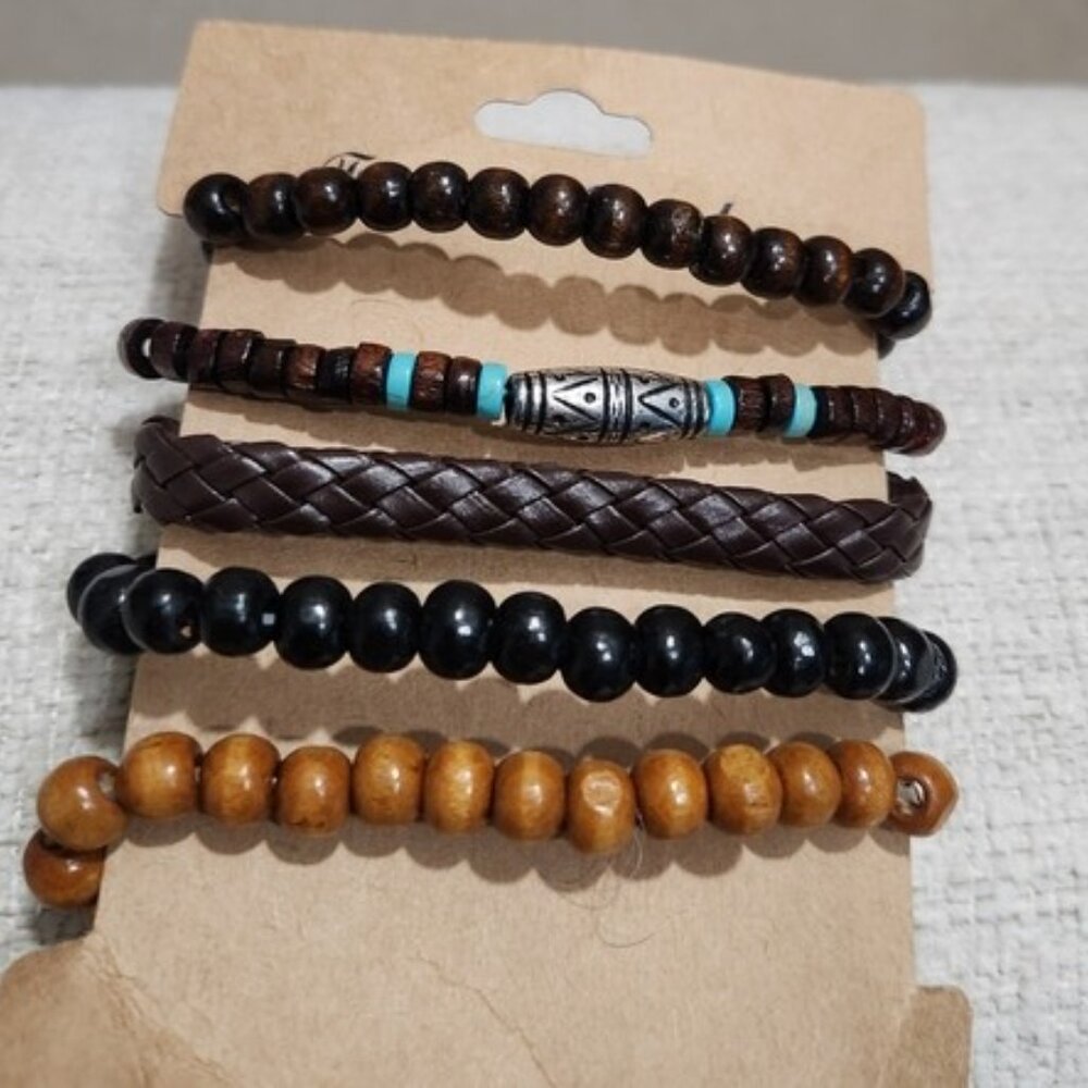 Nwt Men's Multi-Color Neutral Beaded & Leather Bracelet Set